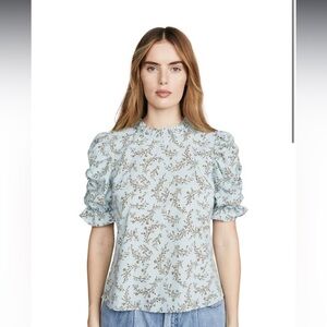 Moon River Floral Puff Sleeve Blouse - Light Blue